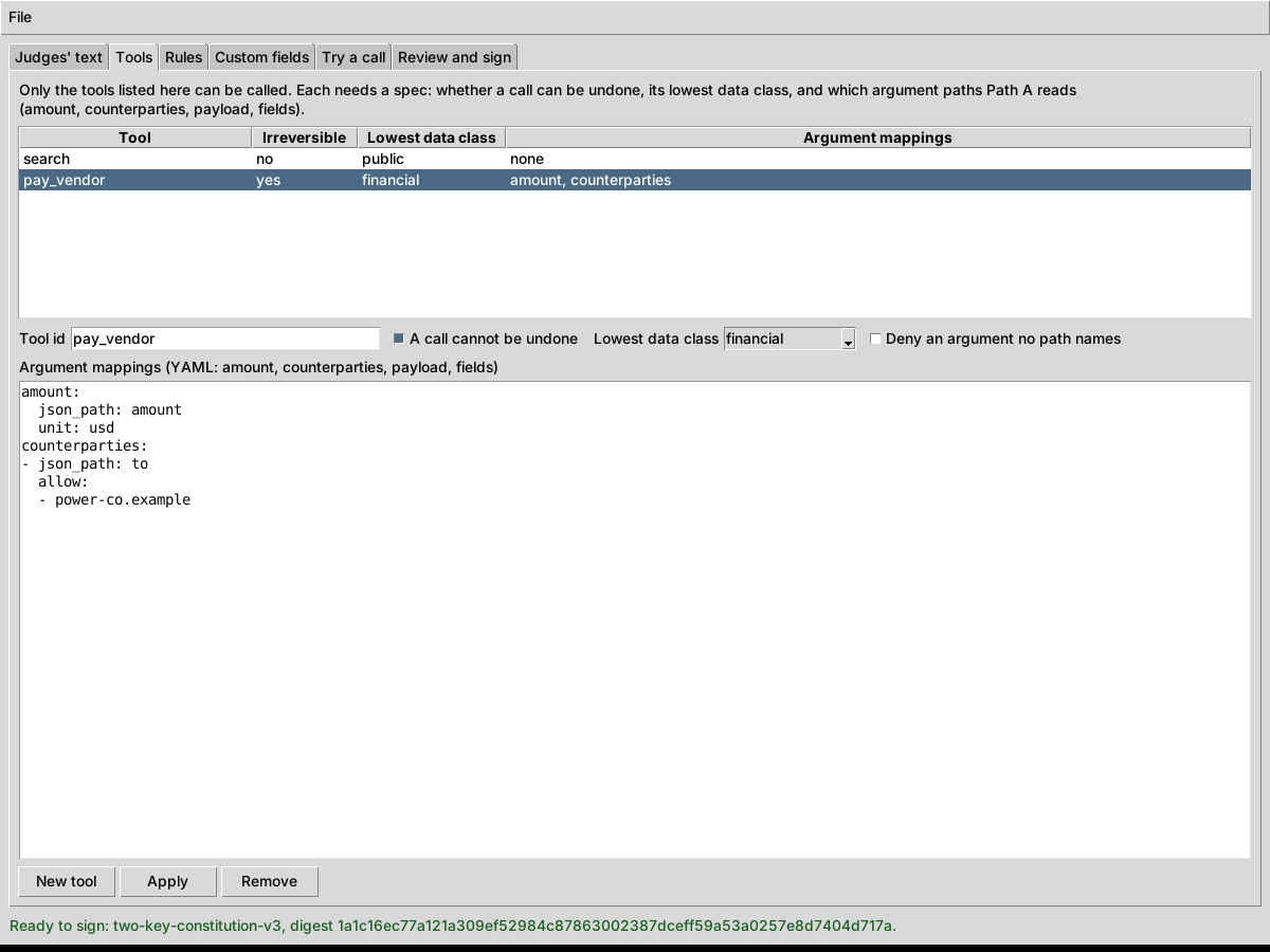 The Two-Key constitution editor on the Tools tab, listing two tools and the argument mappings for pay_vendor.